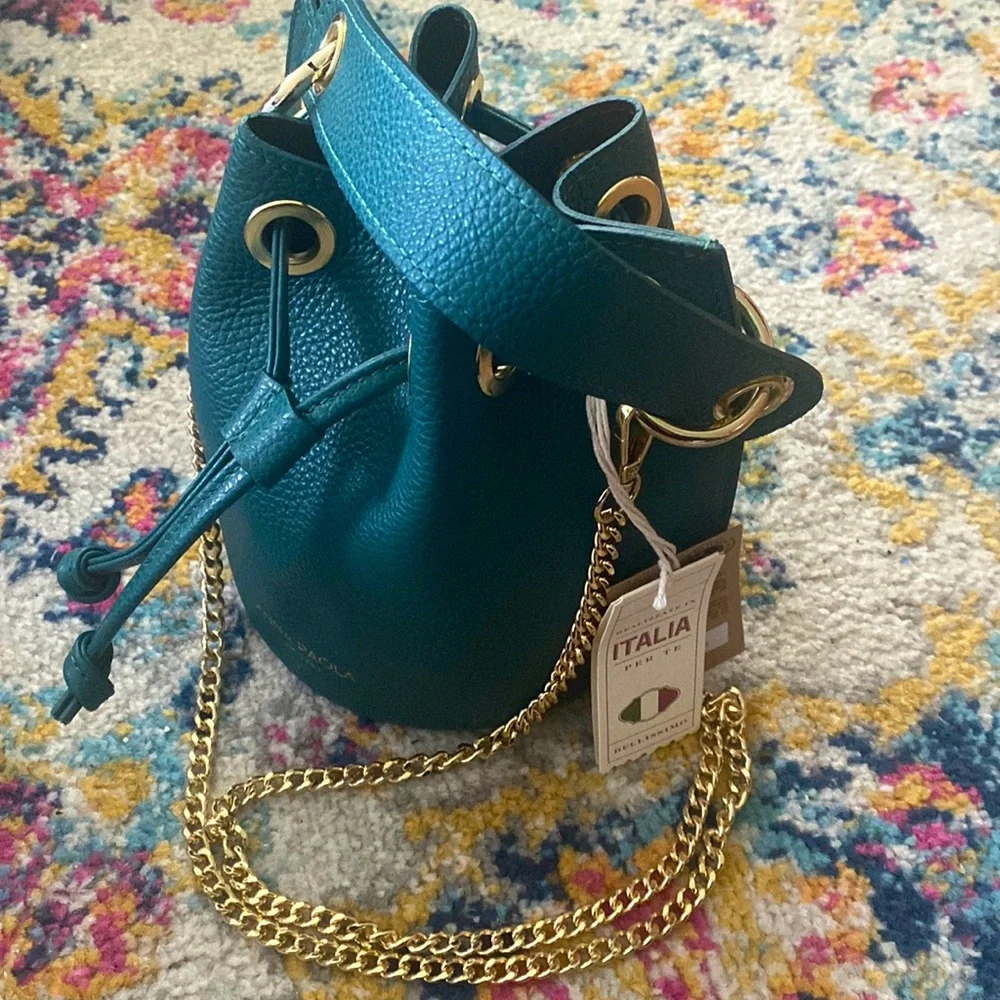 Anna Paola Italian Leather Bucket Bag + Crossbody Bag, Teal - Picture 10 of 16